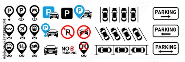 Fototapeta parking sign set. No parking and parking for car, cycle, bike, bus, train etc. parking system for car icons. vector signs eps.