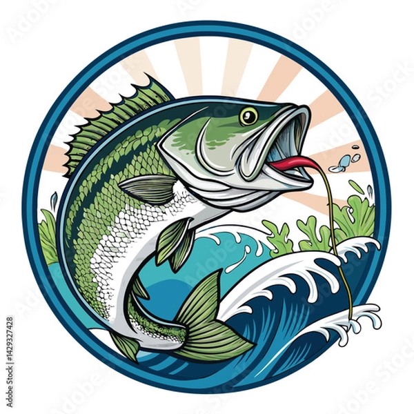 Fototapeta A largemouth bass aggressively striking a topwater lure amidst crashing waves, close-up detailed view.  Include letter 'C' subtly within the scene.