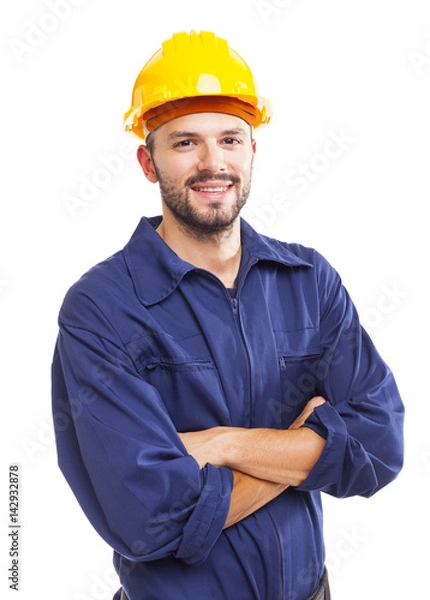 Fototapeta Young worker standing smiling on white background