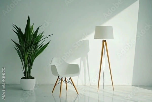 Fototapeta Modern minimalist interior design.  Clean, bright, and simple.  Soft light accents the space with a touch of nature