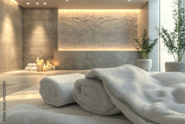Fototapeta Spa interior featuring rolled towels and ambient lighting in a serene setting