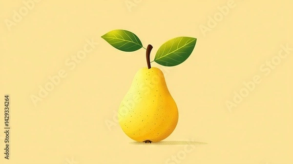 Fototapeta   A pear with a green leaf on its head against a yellow background