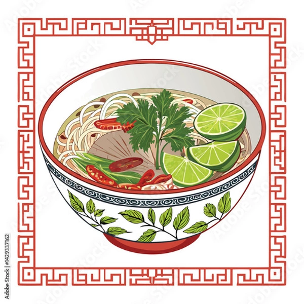 Fototapeta A steaming bowl of Vietnamese Pho, brimming with fragrant herbs, tender noodles, and a vibrant lime wedge.  Rich broth is visible.