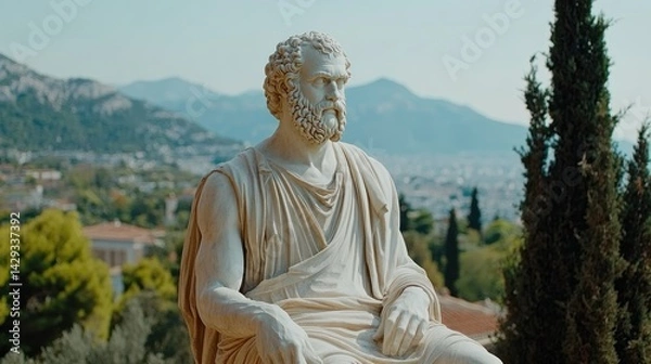 Obraz A philosopher statue sits majestically, gazing out over a breathtaking landscape at dusk
