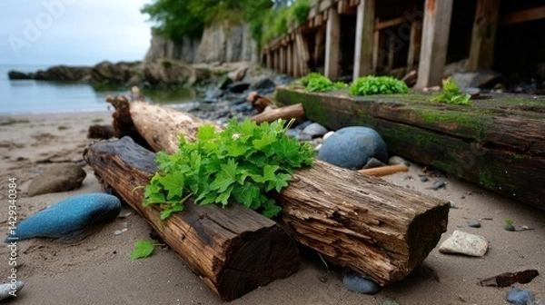 Obraz Close-up of driftwood logs with green ivy plants growing on sandy beach near rocky shoreline and wooden structure