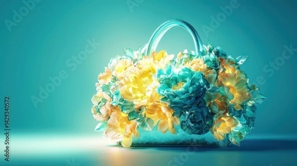 Fototapeta A luxurious bag with cascading teal and yellow blooms, glowing softly on a bright baby blue background.