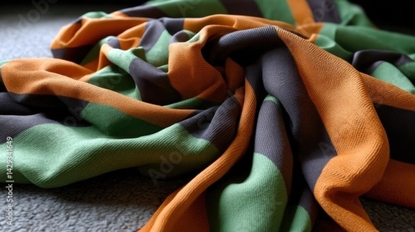 Obraz Close-up of a colorful camouflage fabric with orange, green, black, and gray tones laid on a textured surface