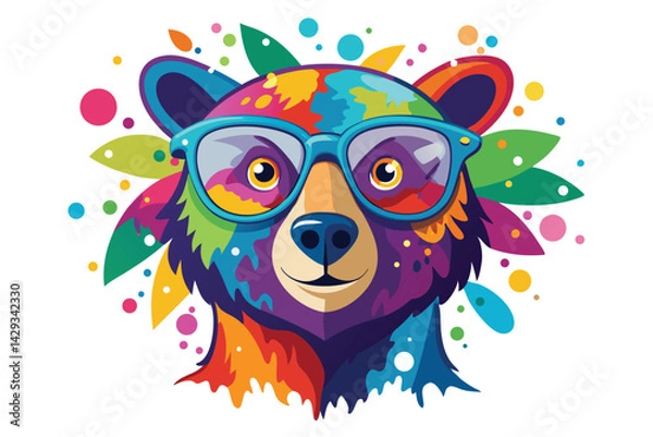 Fototapeta Colorful artistic bear in eyeglasses with colorful paint splatters on white background.