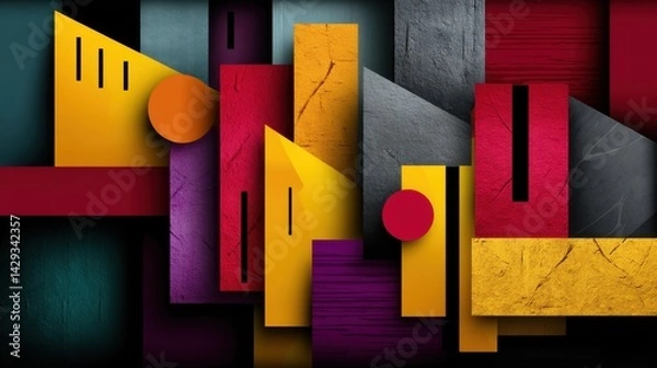 Obraz Abstract Geometric Composition with Colorful Wooden and Concrete Blocks and Shapes in Modern Design Style