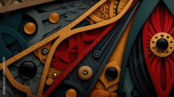 Obraz Abstract colorful layered wooden and plastic geometric shapes collage with textured details and shadows
