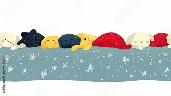 Obraz   Group of stuffed animals on snow-covered ground with snowflakes