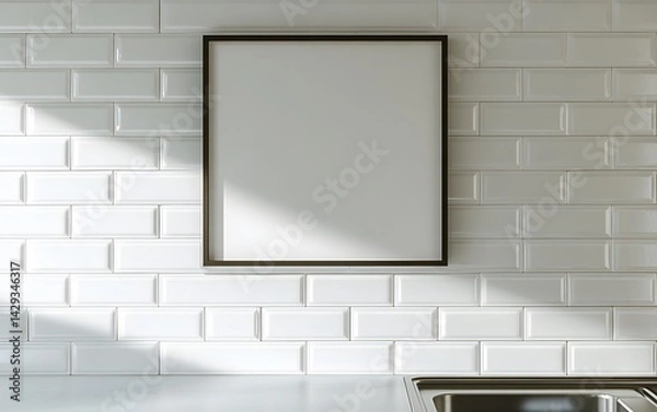 Fototapeta Blank Frame Mockup on White Subway Tile Kitchen Wall