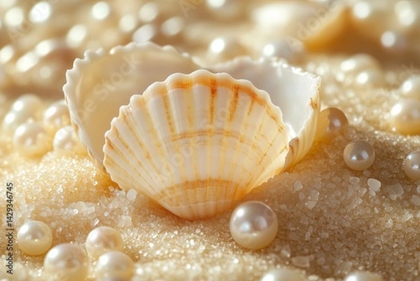 Fototapeta Beautiful light colored pearlescent shells and pearls lay on the yellow clean beach sand
