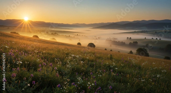 Fototapeta Panoramic sunrise view of a lush green valley with morning mist, blooming wildflowers, and distant mountains. Soft golden light and natural depth create a serene, hyper-realistic nature landscape.