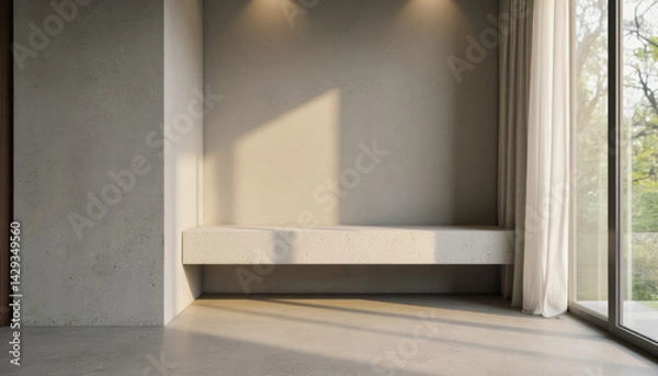 Fototapeta Modern interior design architecture photography: Sunlight streams into a modern interior showcasing a built-in concrete bench beneath a window draped with sheer curtains, creating a serene and minim