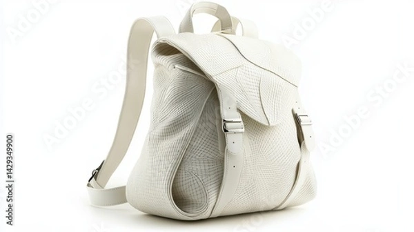 Obraz Elegant white backpack with intricate graphic detailing, smooth finish, and comfortable shoulder straps, isolate on white background