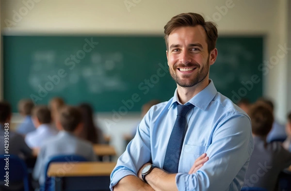 Fototapeta Confident male teacher smiling in classroom with students focused on learning. teacher's Day, international workers day