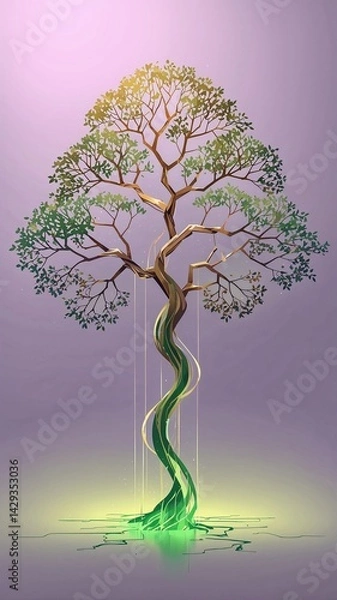 Fototapeta Abstract Tree Design with Spiraling Branches and Green Glow  