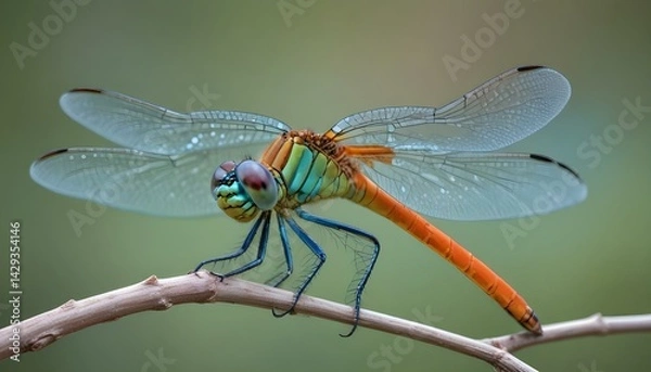 Fototapeta A stunning macro shot of a vibrant, colorful dragonfly resting on a thin branch.
