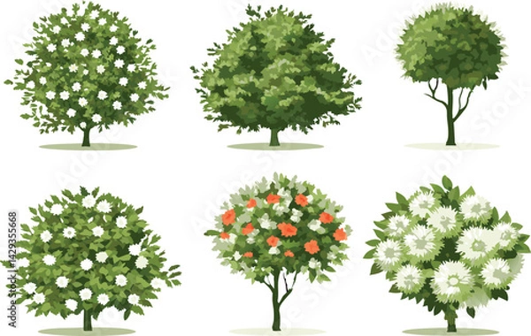 Obraz Vector top view set of green trees, tropical plants, and blooming spring flowers for outdoor map and garden architecture design