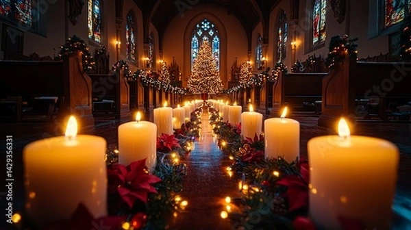 Obraz A beautiful and solemn image of a Christmas church service with candles, hymns, and a tree decorated with lights, capturing the essence of the holiday season