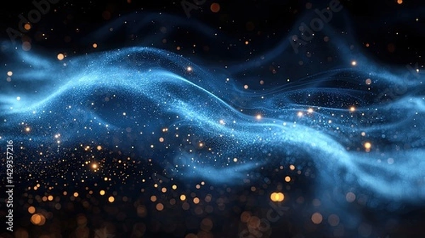 Fototapeta Abstract Blue Particle Wave with Glowing Glitter on Dark Background