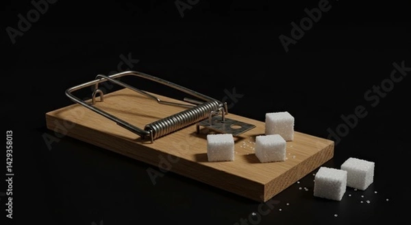 Obraz mousetrap with sugar cubes on wooden base symbolizing temptation and risk. dark background enhances contrast. perfect for themes of danger, health concerns, or deceitful attraction