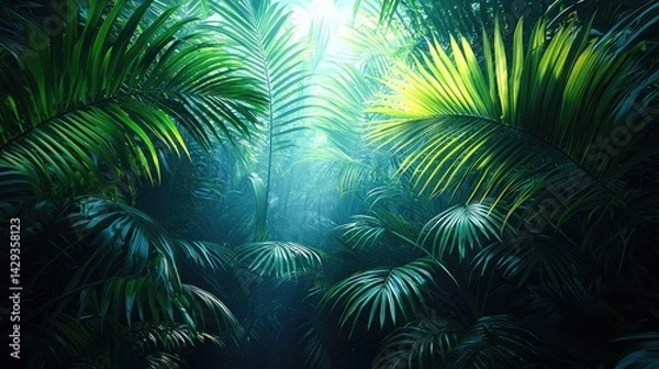 Fototapeta Lush Green Tropical Jungle with Sunlight Streaming Through Palm Trees
