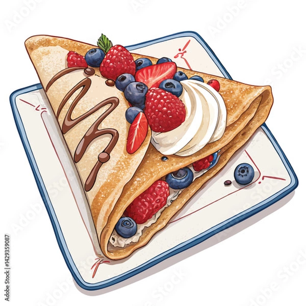 Fototapeta A delectable crepe filled with fresh fruits and creamy filling, artfully presented in a charming French café setting.