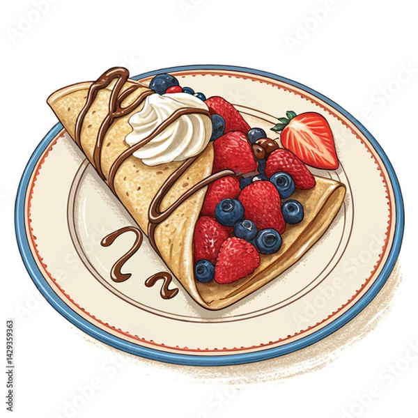 Fototapeta A delicious crepe filled with fresh fruit and whipped cream, served in a charming French café setting.