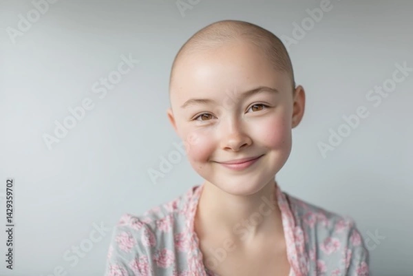 Obraz smiling bald girl conveys positivity and strength in her candid portrait. young person radiates happiness, embracing individuality and inspiring confidence against light neutral backdrop