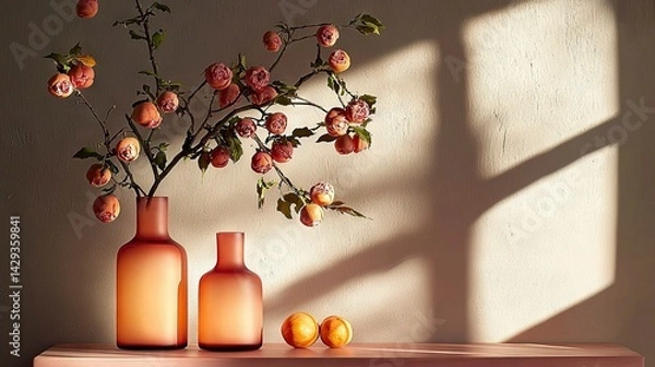 Fototapeta   A pair of vases sits atop a table, alongside a vase adorned with blooms