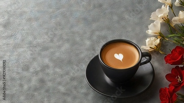 Fototapeta   A cup of coffee rests atop a saucer beside vibrant red and white blossoms on a table