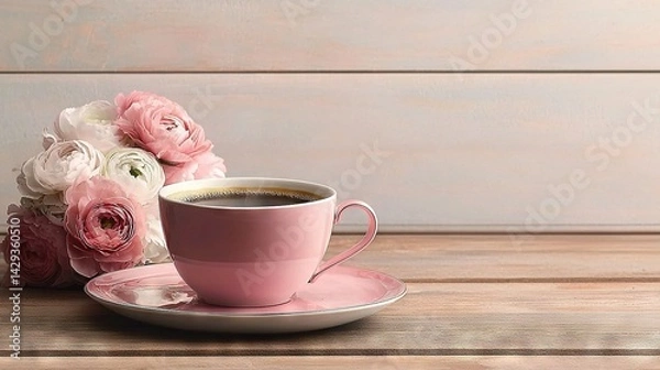 Fototapeta   A cup of coffee sits atop a saucer beside a vase overflowing with flowers, resting atop a wooden table