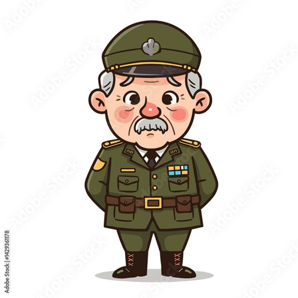 Obraz Cartoon officer standing proudly in military uniform on transparent background 