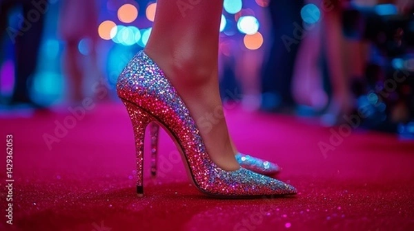 Fototapeta A close-up of a celebrity's sparkling heels as she walks the red carpet, with a blurred background of flashing cameras