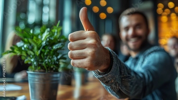 Fototapeta A close-up of a managers hand giving a "thumbs up" to an employee in recognition of their hard work during a company meeting