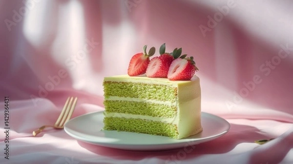 Obraz A Delectable Slice of Matcha Cake Adorned with Fresh Strawberries