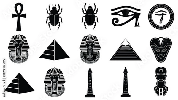Fototapeta A set of black and white silhouette illustrations representing various iconic Egyptian symbols
