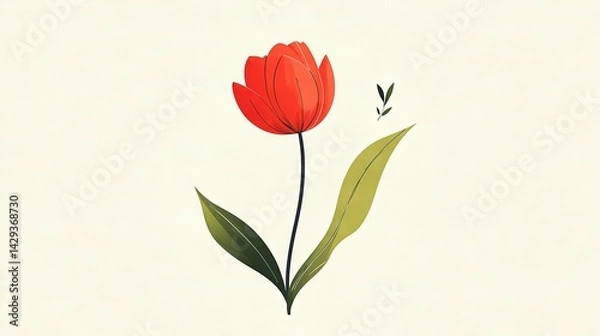 Fototapeta   Illustration of two crimson blooms featuring emerald foliage against a snowy backdrop, with a verdant stalk and two leafy appendages