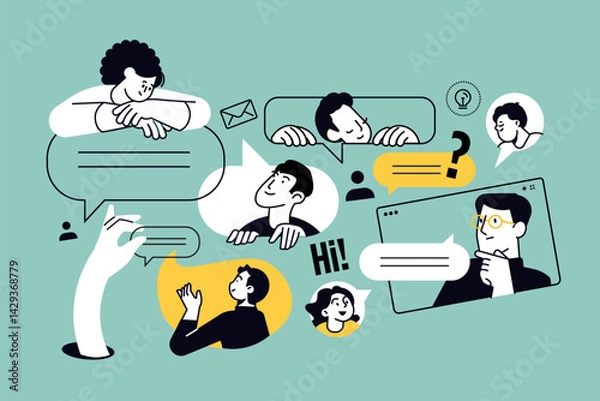 Fototapeta Creative illustration of communication, chatting, social network, video call. Vector concept for web banner, social media banner, business presentation, marketing material. 