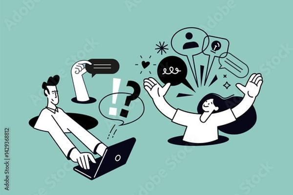 Fototapeta Creative illustration of online communication, social network. Vector concept for web banner, social media banner, business presentation, marketing material. 