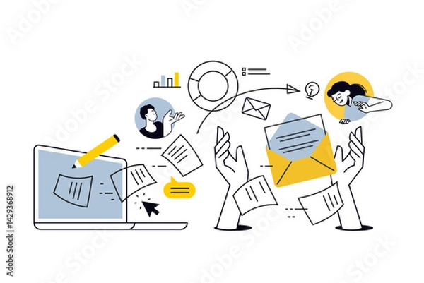 Fototapeta Creative illustration of online business, management, documents, communication, planning and business report. Vector concept for web banner, social media banner, business presentation, marketing mater