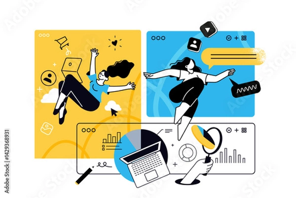 Fototapeta Creative illustrations of social network, cloud computing, seo, online business. Vector concepts for web banner, social media banner, business presentation, marketing material. 