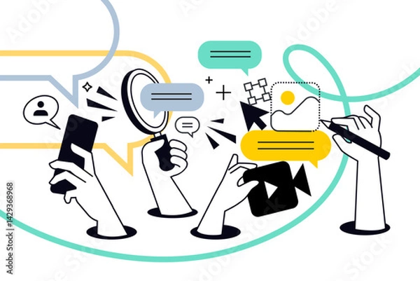 Fototapeta Creative illustration of social media. Vector concept for web banner, social media banner, business presentation, marketing material. 