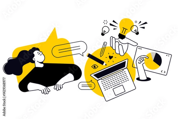 Fototapeta Creative illustration of web design and development, seo. Vector concept for web banner, social media banner, business presentation, marketing material. 
