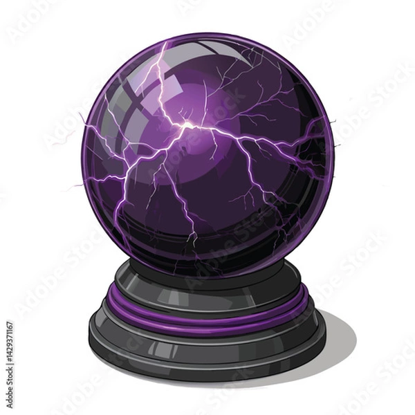 Fototapeta Render a dark, mystical orb pulsating with vibrant purple lightning, swirling energy, and arcane glyphs.  V-shaped crack visible.