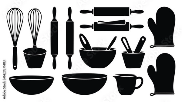 Fototapeta This image features a collection of simple, black silhouette illustrations of various baking utensils