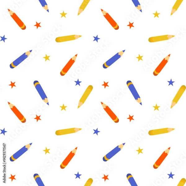 Obraz Seamless pattern with colorful pencils and stars on a white background. Ideal for school-related designs, kids' stationery, and educational materials. Vector-style illustration.