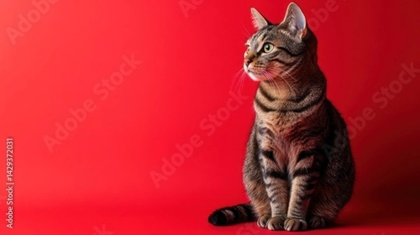 Obraz Elegant Tabby Cat Posing Against a Vibrant Red Background